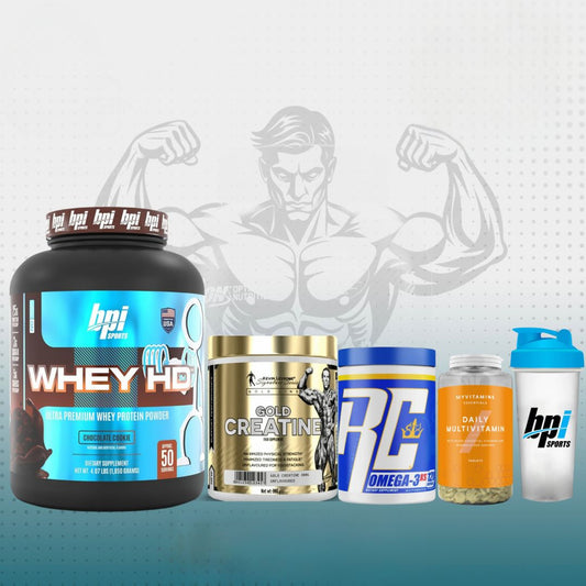 Essentials Bundle: Whey + Creatine + Fishoil + Multivitamins + Shaker